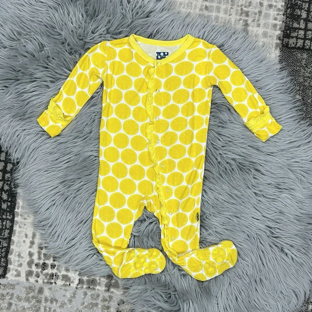 Kicky Pants Yellow Citrus Print Muffin Ruffle‎ Footed Snap Up Jammy 3-6 Month
